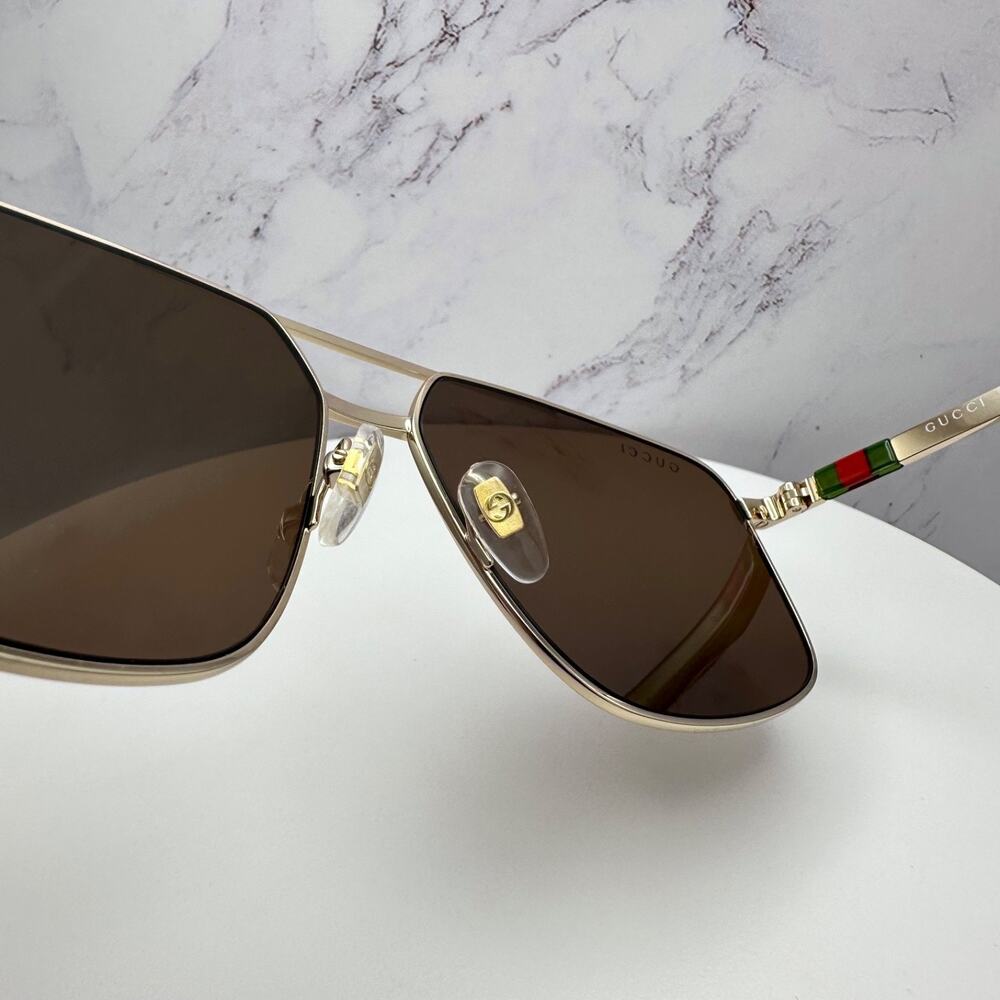 New GUCCI Sunglasses Gold Metal Square Aviator Pilot Red Green Web Logo Mens - Picture 7 of 16